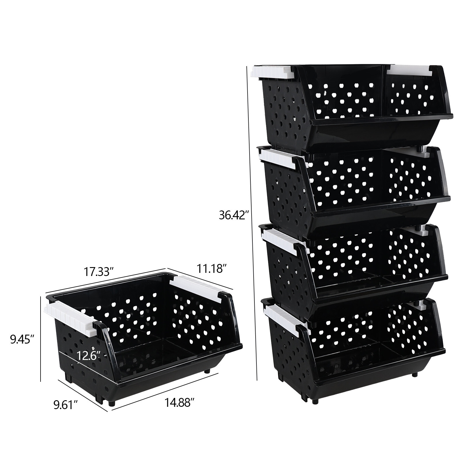 4 Packs Stackable Storage Basket Bin, Plastic Kitchen Storage Baskets, Black