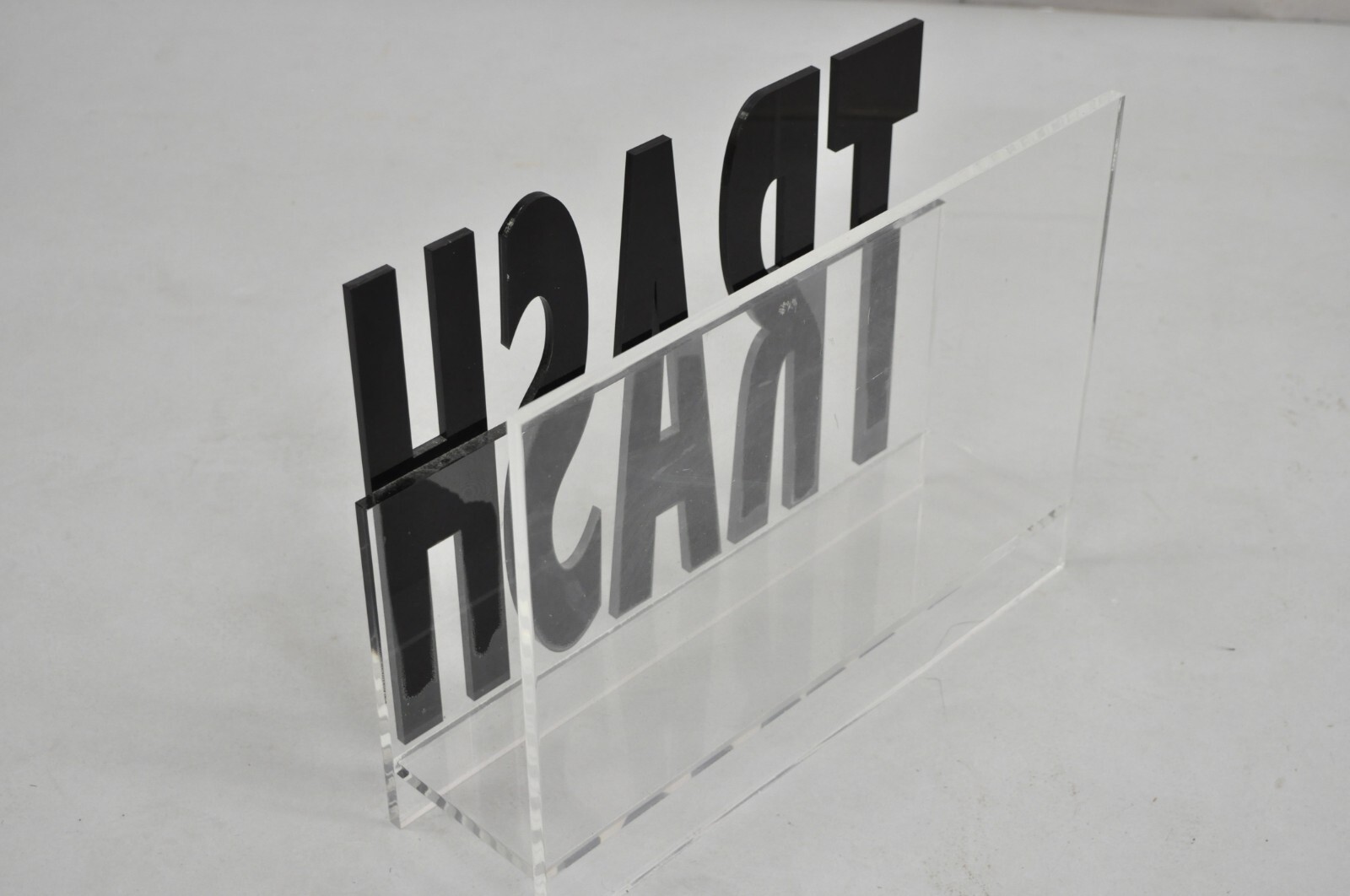 Vintage Mid Century Modern Pop Art “Trash” Lucite Acrylic Magazine Rack Stand