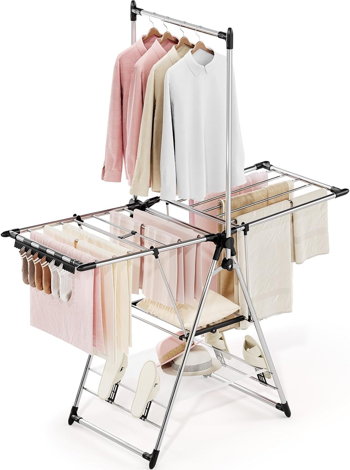 APEXCHASER Clothes Drying Rack with High Hanger, Foldable 3-Level Drying Rack