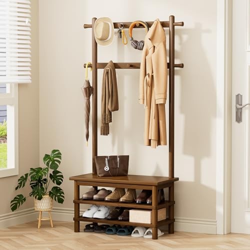 ** NEW Entryway Bench Rack | 3-in-1 Organizer | 11 Hooks | Solid Wood | Brown