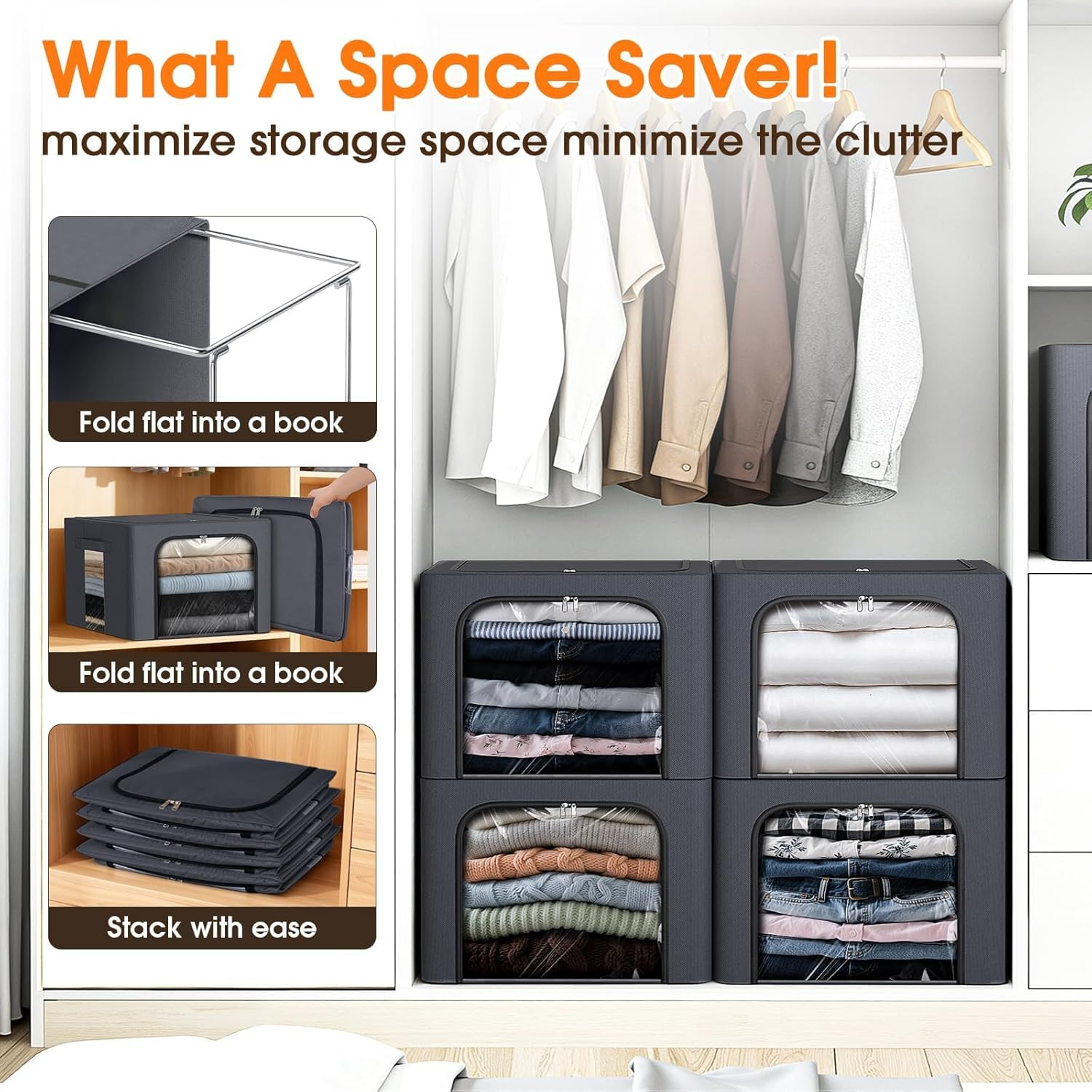 4 Pack Clothes Storage Bins with Metal Frame, Light Grey, 40L | Foldable Storage