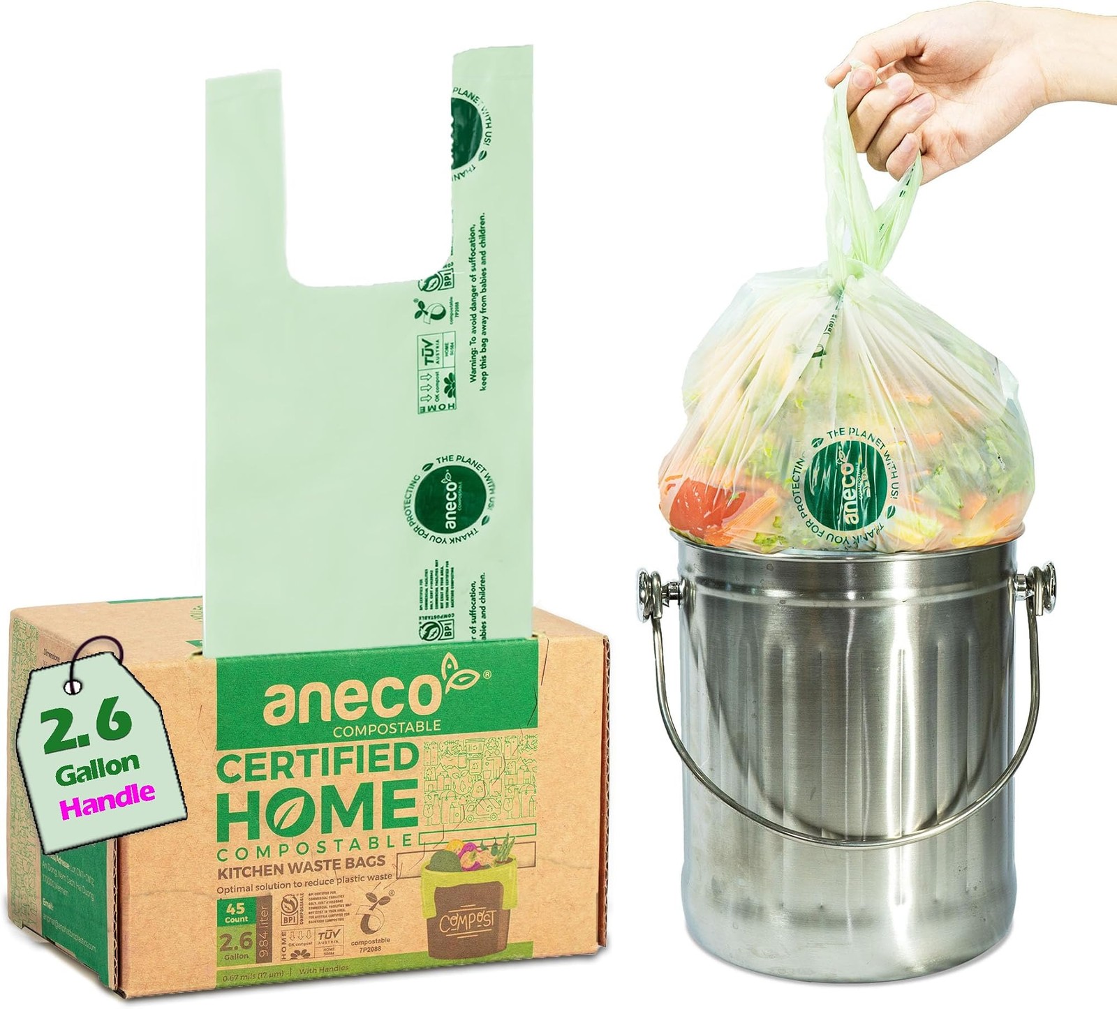 ANECO 100% Compostable Food Waste Bags 2.6 Gallon With Handles, Small Compost…