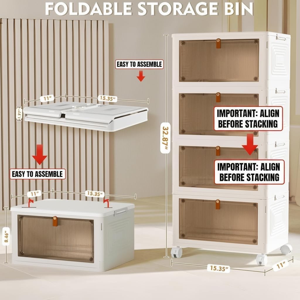 YFXCVSL 4-Tier Stackable Storage Bins 23QT w/Lid Wheels Folding Boxes