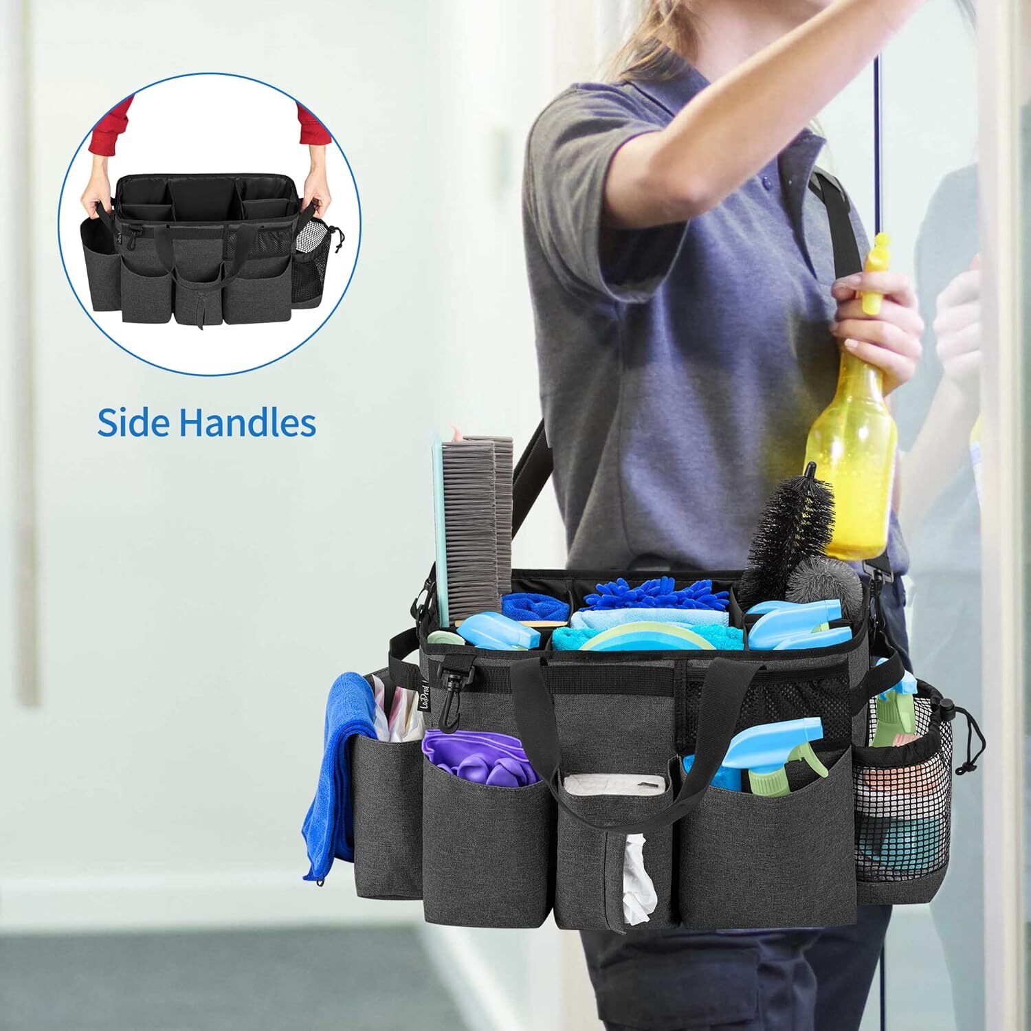 Large Wearable Cleaning Caddy Bag with 4 Foldable Dividers, Cleaning Supply Tote