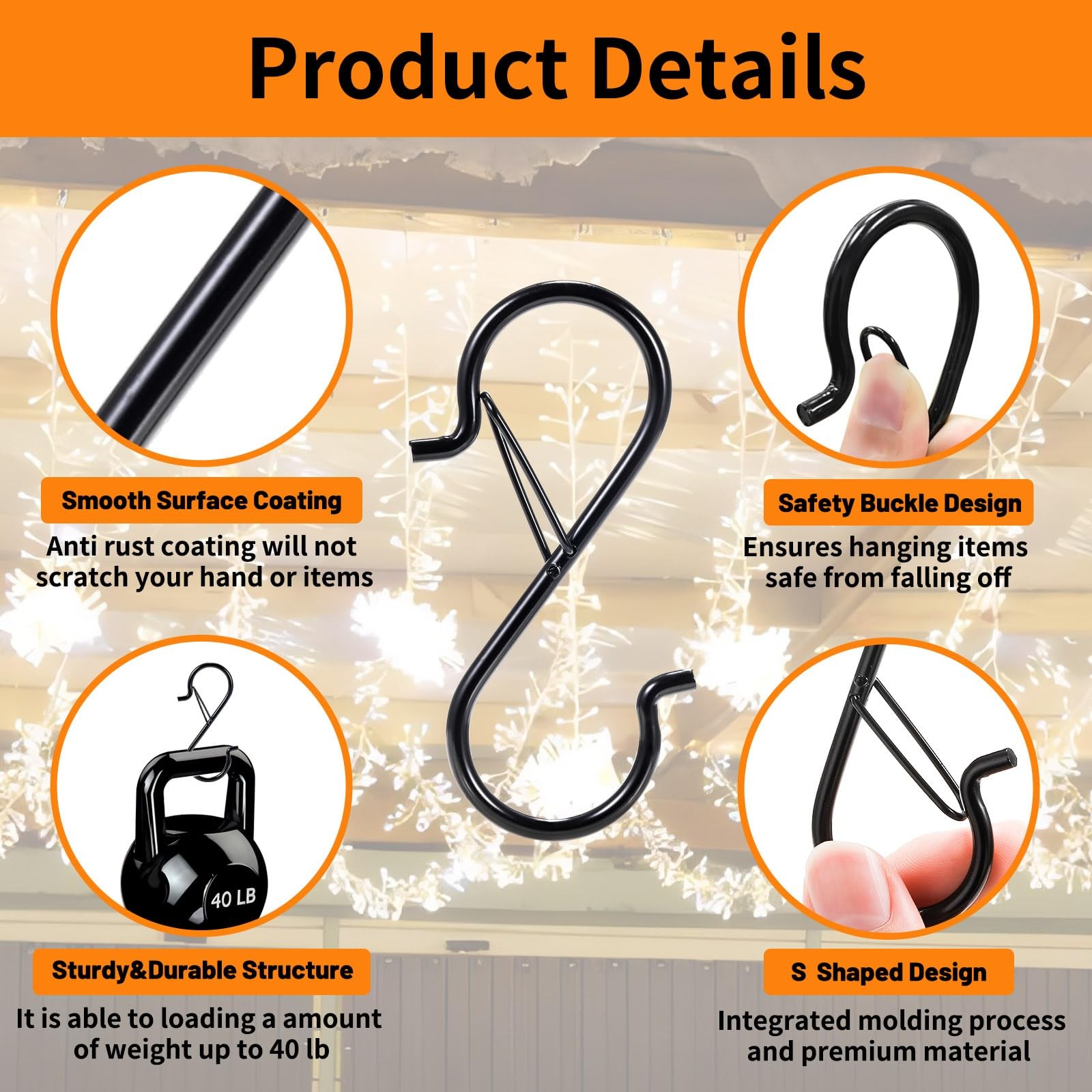 24 PCS S Hooks for Hanging with Safety Buckle, Heavy 3.5 Inch 24 Pcs, Black