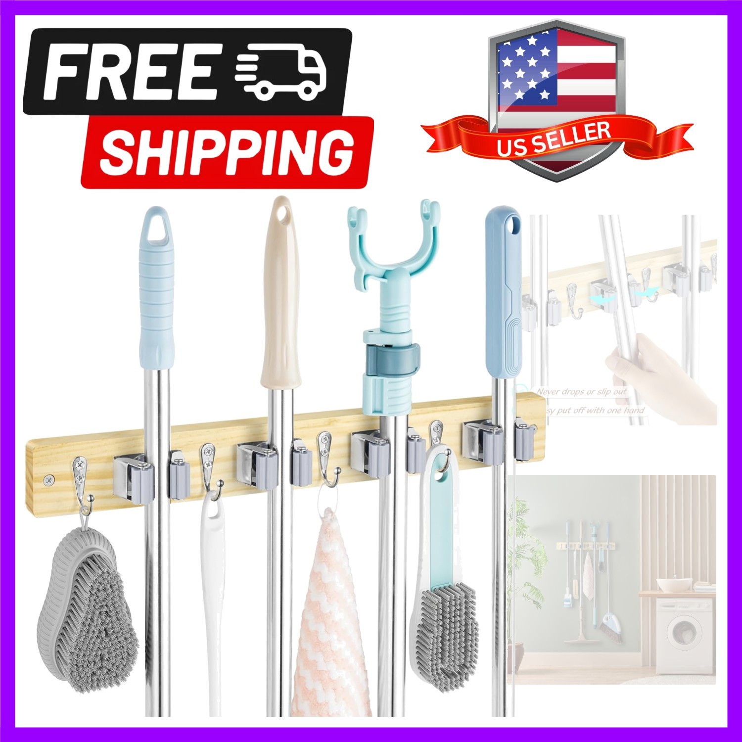 Mop and Broom Holder Wall Mount – Light Wood Broom Mop Hanger – Wall Mounted …