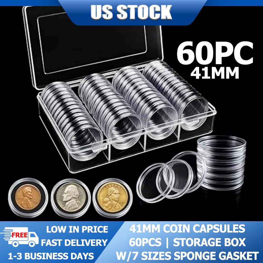 60 Pack 41mm Clear Coin Capsules For Morgan Silver Dollar Half Dollar Coins US
