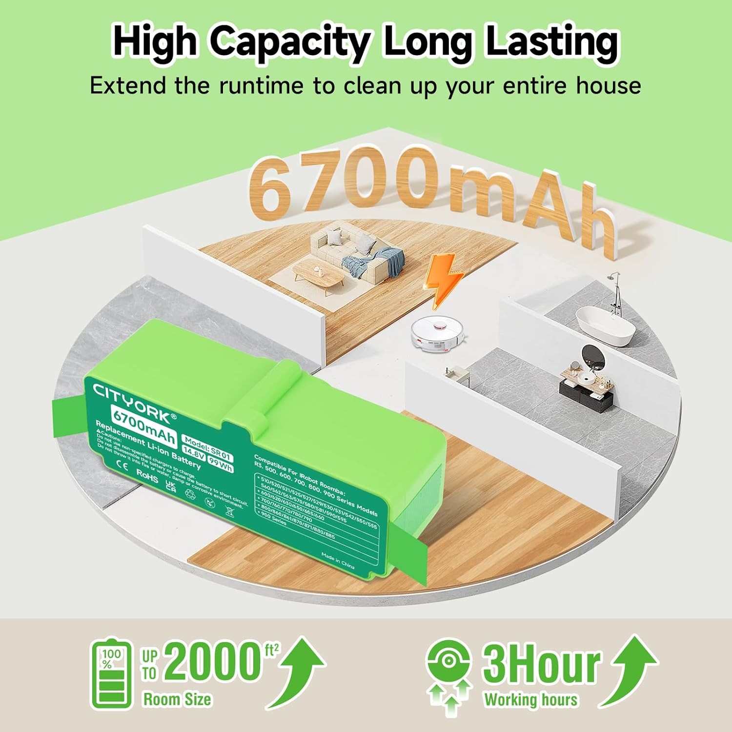 6700mAh Lithium Ion Replacement Battery for iRobot Roomba 960 980 981 970 965