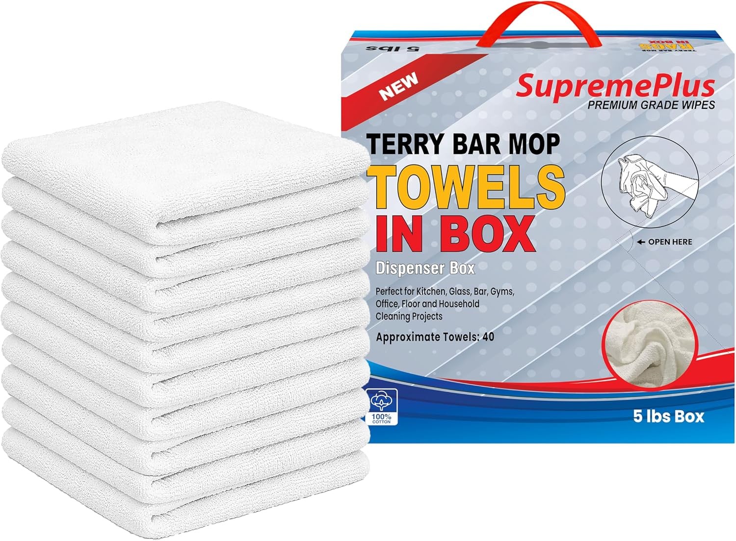 White Bar Mop Towels, Pack of 40 (Approx.) 100% Cotton Shop Rags, 14” x 17”,