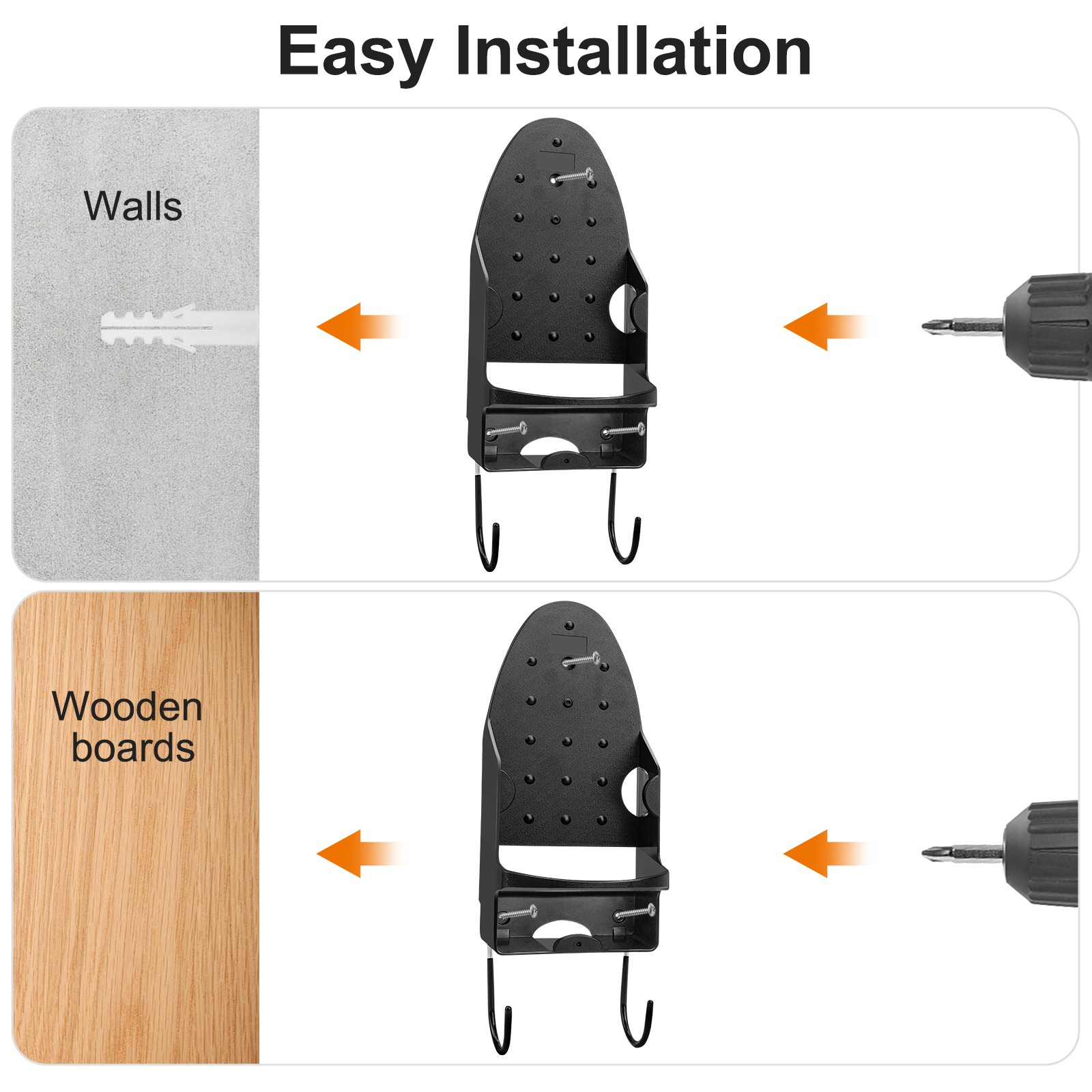 Wall Mount Iron Holder With Hooks Space Saving Storage Home Black Heat Resistant
