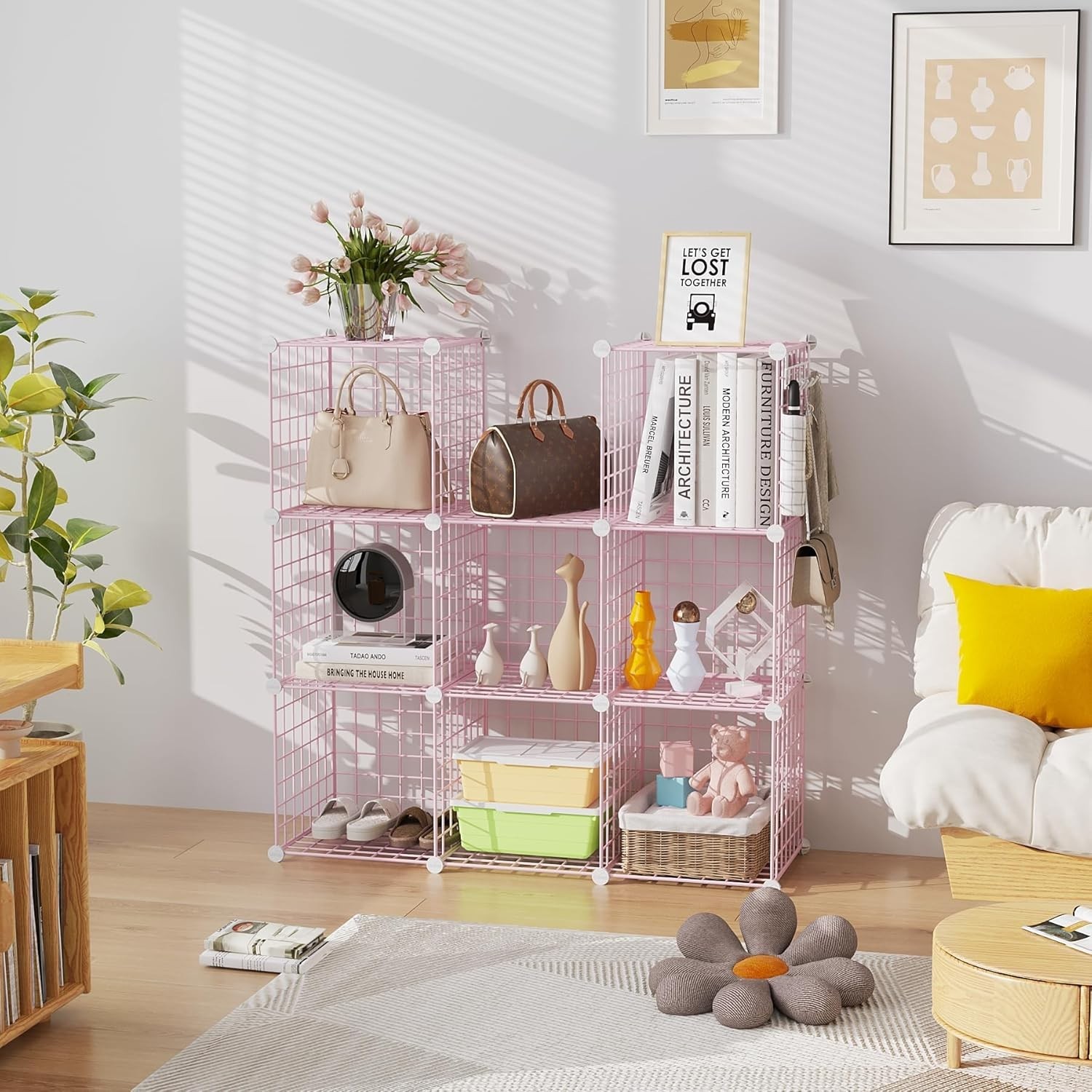 Stylish 8-Cube Wire Storage Organizer – Modern Metal Shelving Unit in Pink
