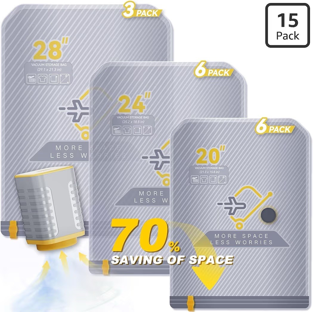 15-Pack Vacuum Bags for Travel with Wireless Rechargeable Pump