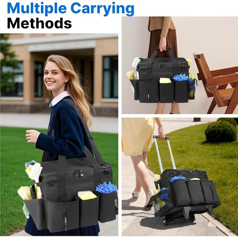 Rolling Cleaning Caddy Bag with Detachable Trolley & Lid Portable Large Bag