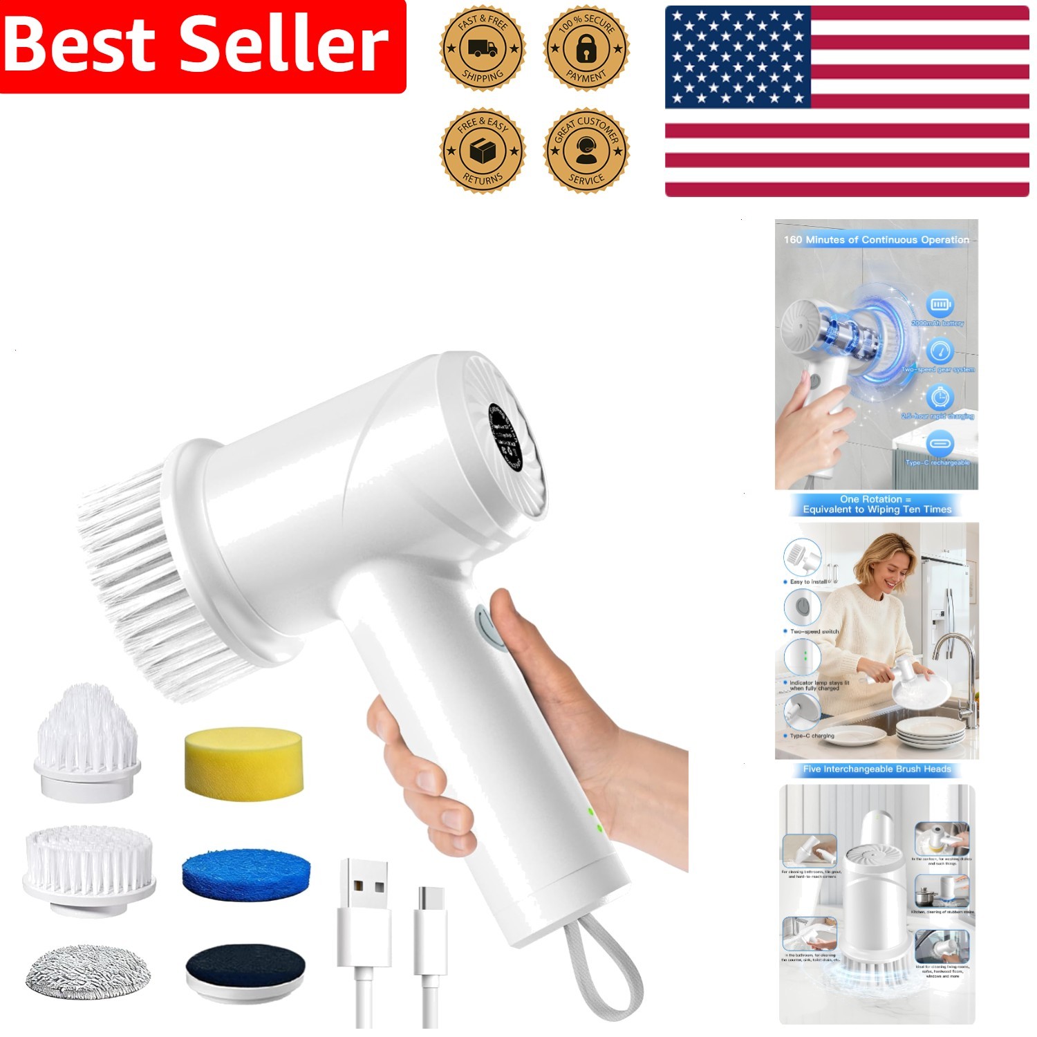 Electric Spin Scrubber Cordless Waterproof Bathroom Kitchen Tile Floor Cleaner