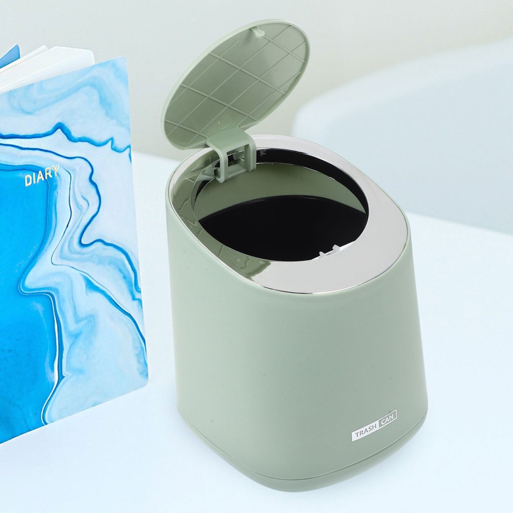 1 Set Mini Reusable Desk Trash Can with Lid Light Green ABS PP Press Type