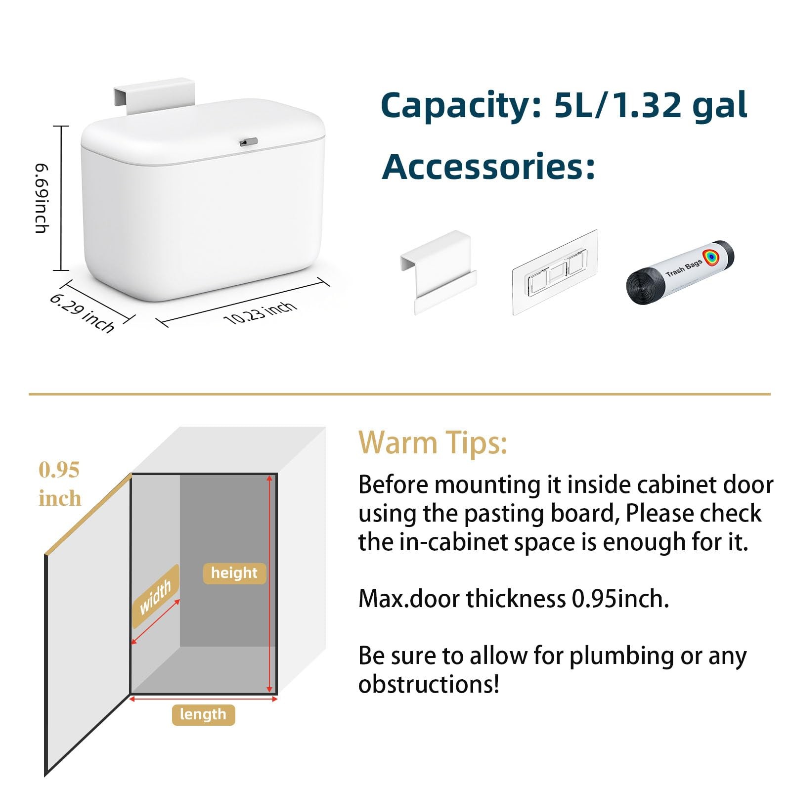 1.3 Gal 5L Matte White Hanging Small Compost Bin Countertop Under Sink
