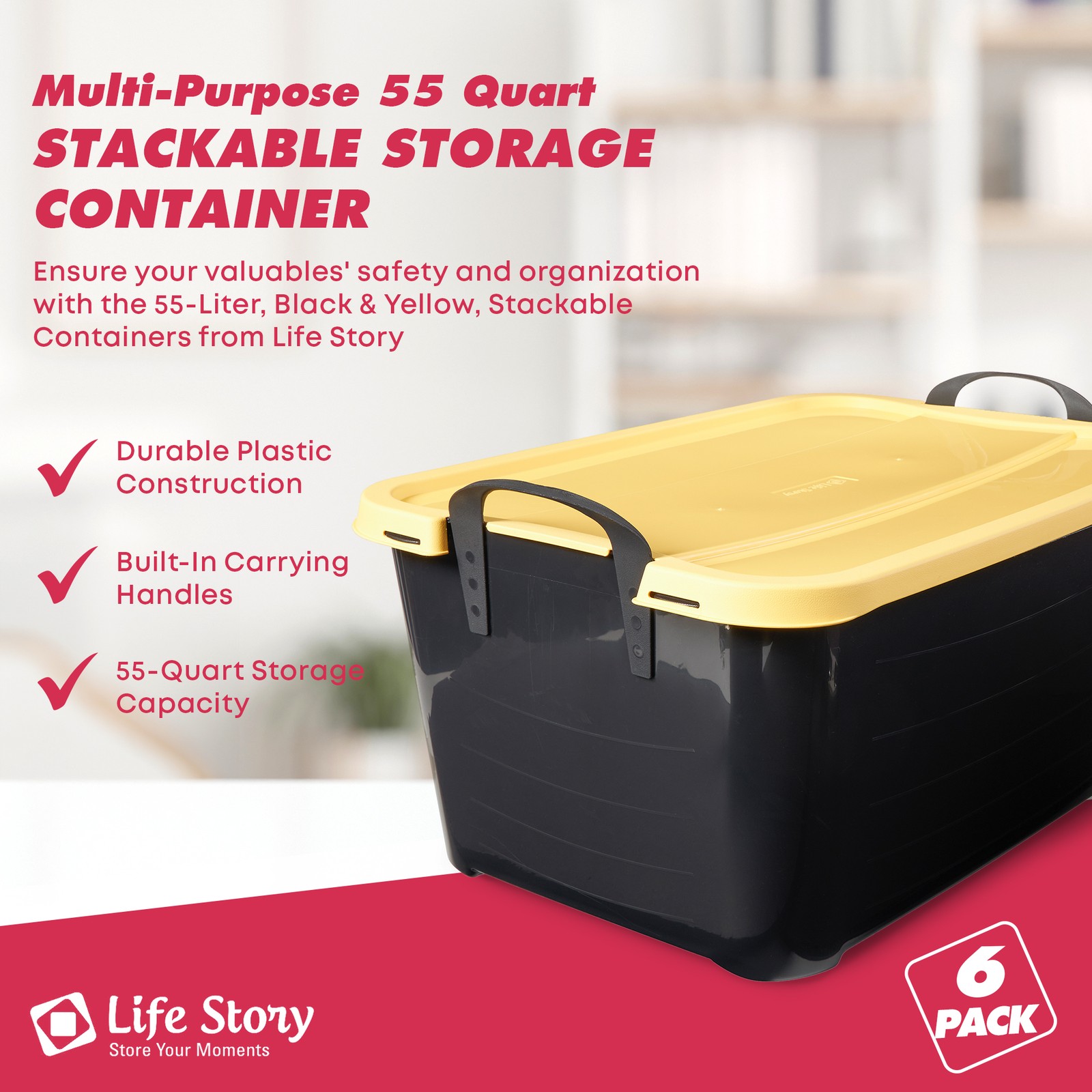 Life Story 55 Quart Plastic Stackable Storage Unit Bin, Black & Yellow (6 Pack)