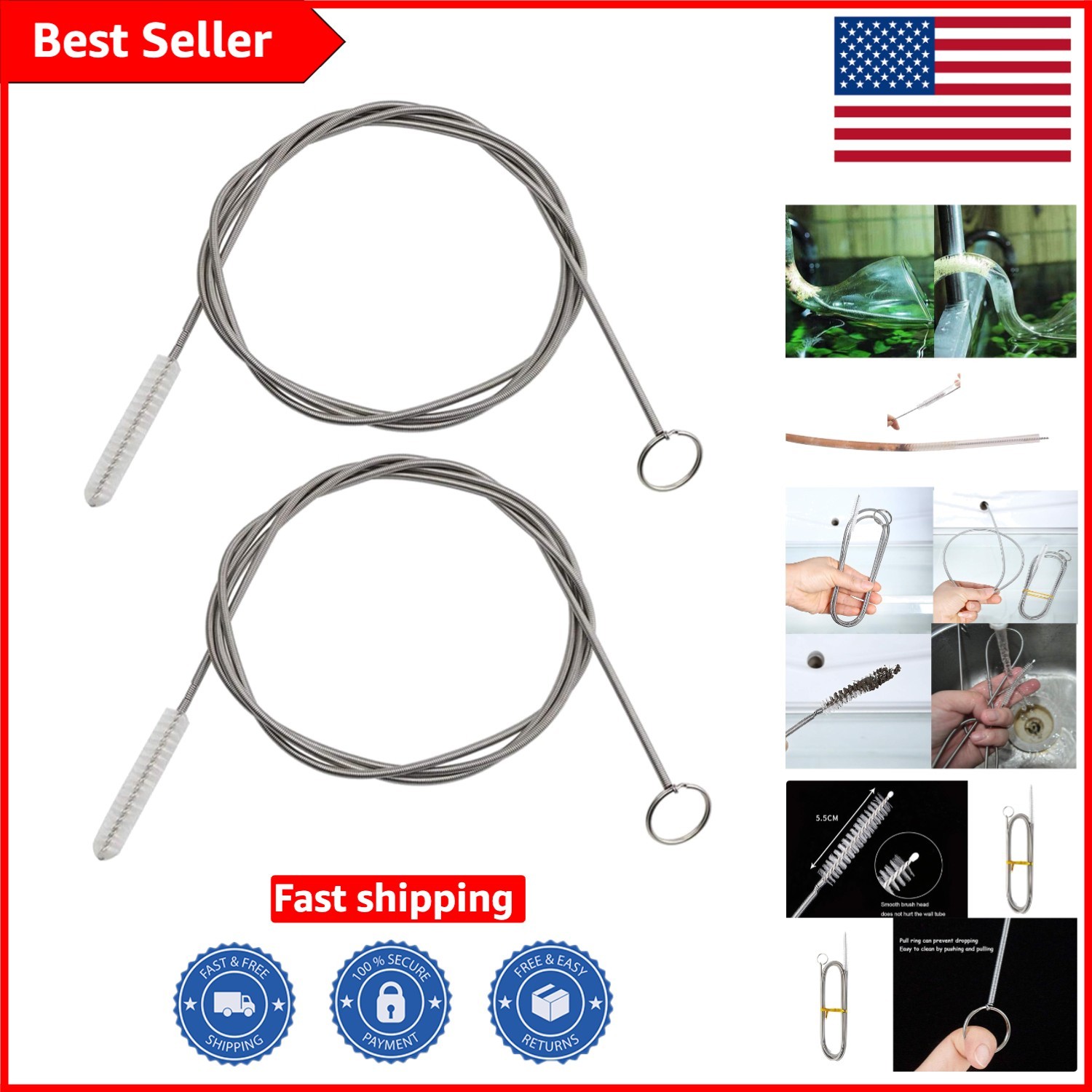 2-Pack 60-Inch Flexible Tube Cleaning Brush – Stainless Steel & Nylon Bristles