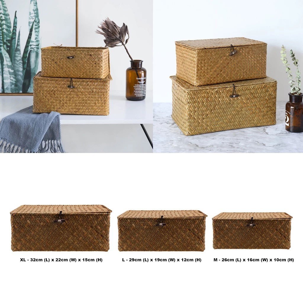 Handmade Seagrass Storage Basket with Lid Woven Rattan Organizer Box