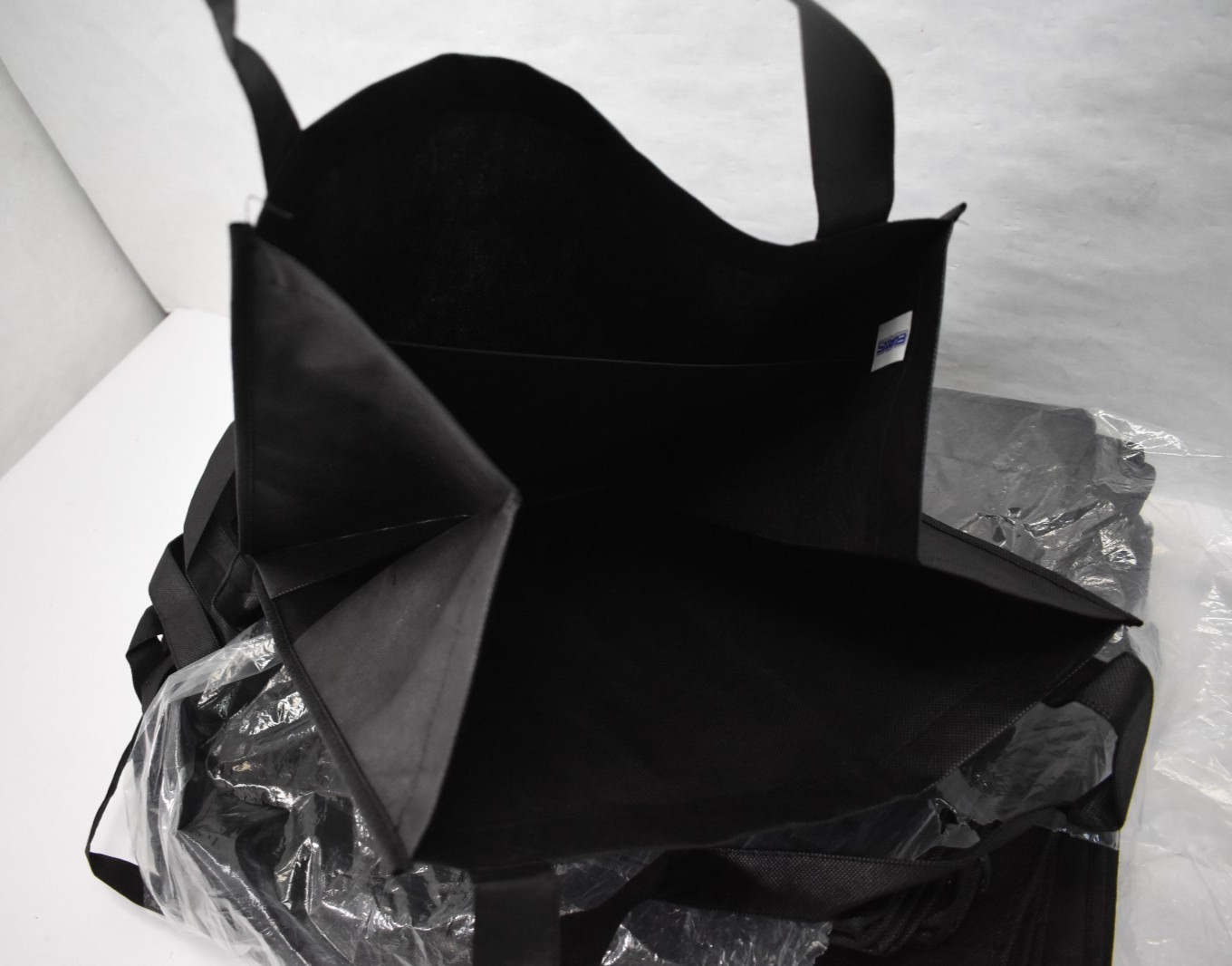 Lot of 25 Shopping Tote Bags BRANDED Black 2 Carry Handles w Bottom Insert