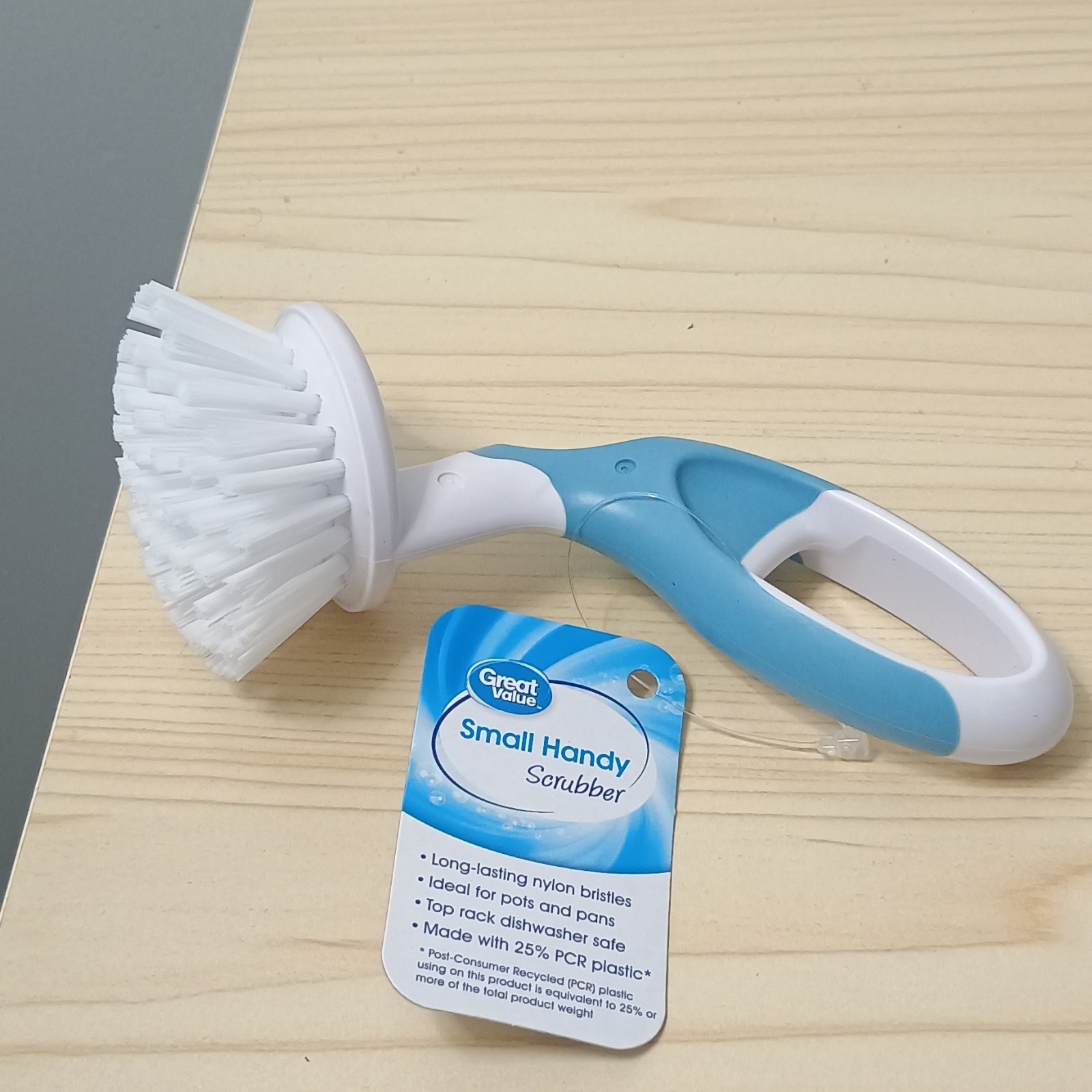 Great Value Small Handy Scrubber Brush Nylon Bristles Blue/White Dishwasher Safe