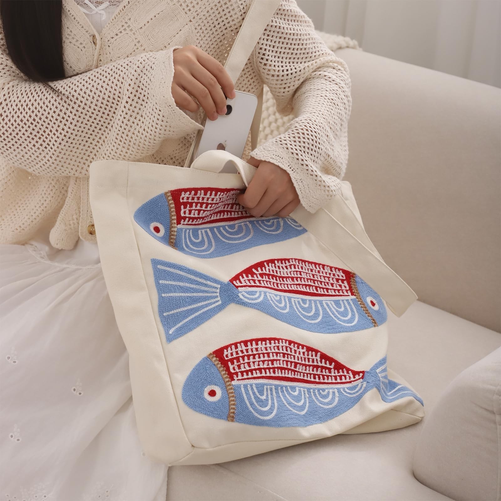 Ocean-Themed Embroidery Tote Bag for Summer Canvas Beach Bag with Magnetic Bu…