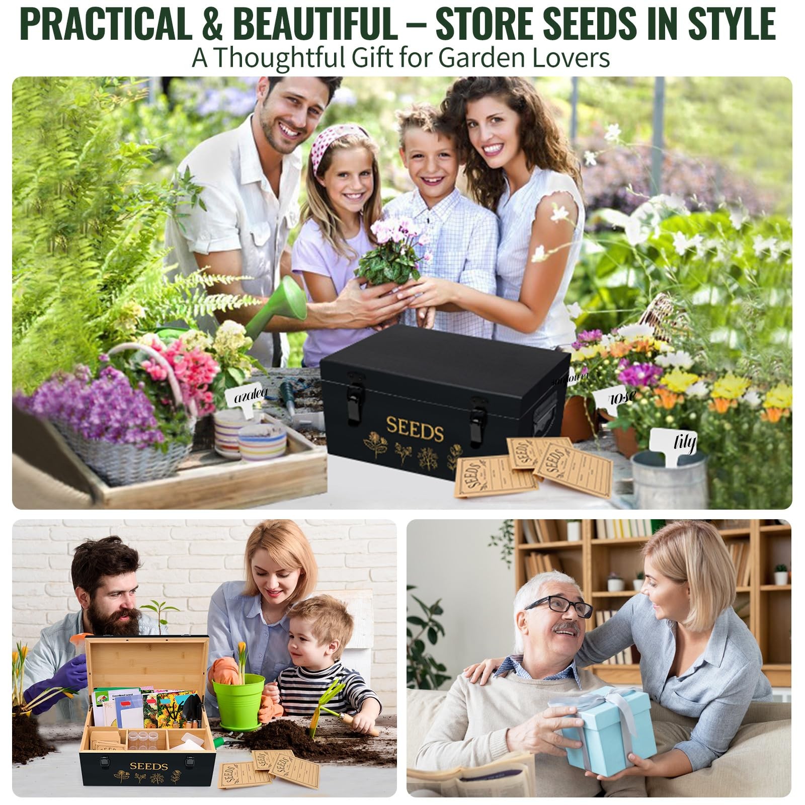 Large Bamboo Wood Seed Storage 13.2 x 7.8 x 5.9 inches, 3.Black(Large)