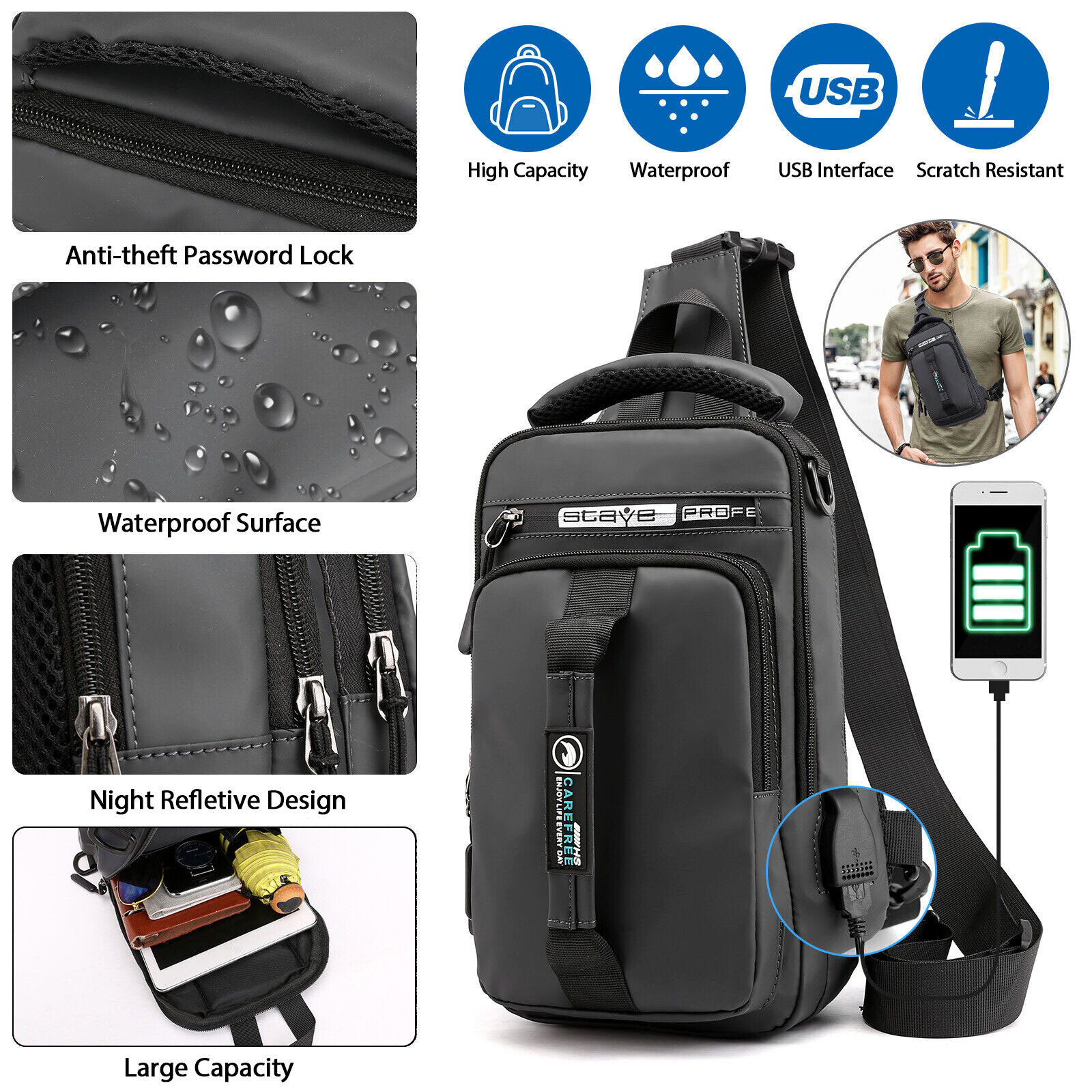 Anti-theft Men’s Sling Crossbody Bag Chest Shoulder Messenger Backpack USB Port