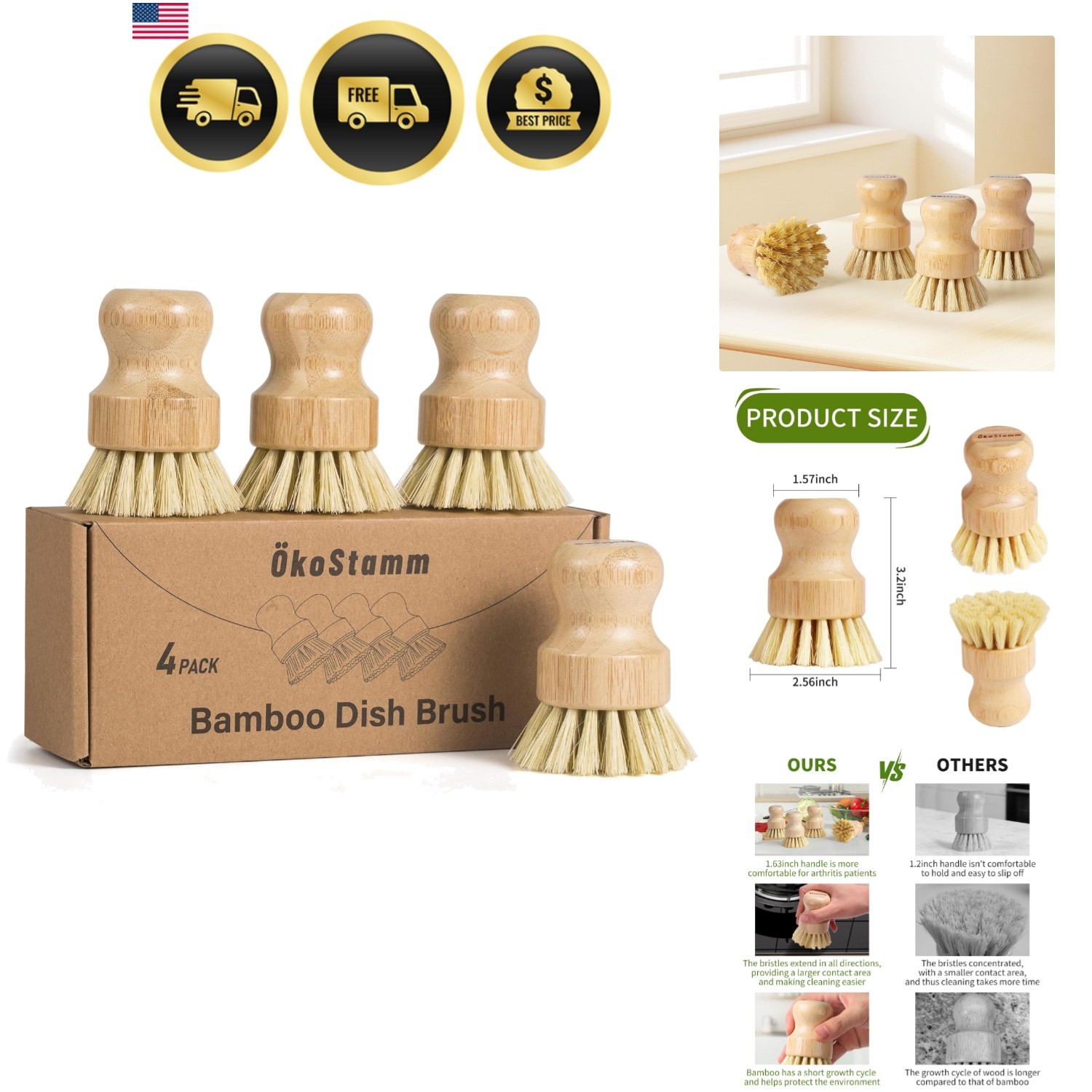 4 Pack Bamboo Dish Brush, Dish Scrubber Brush with Sisal Bristle, Natural Scr…