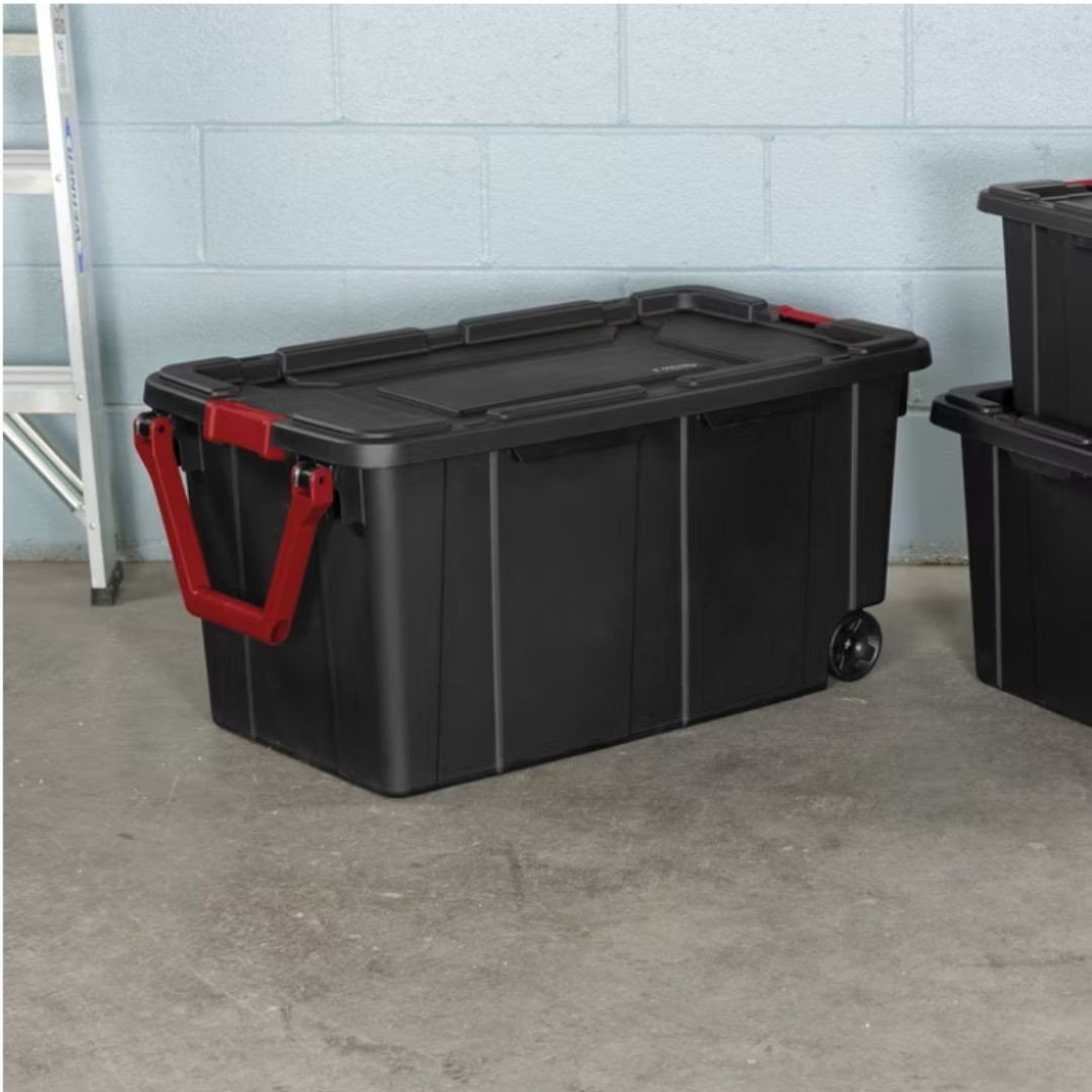 (2 Pack) Sterilite 40 Gallon Wheeled Storage Tote Black Latching Lid Pull Handle