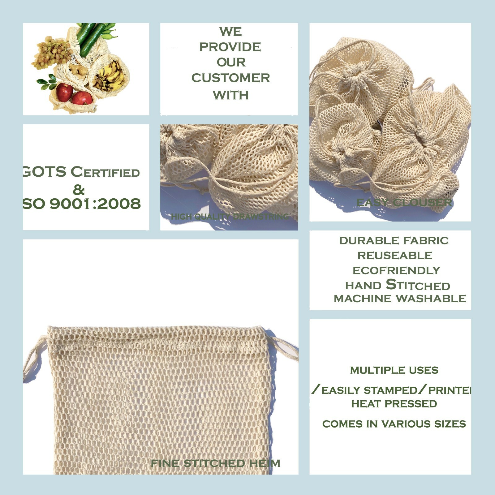 100% Cotton Reusable Produce Muslin Bags – Mesh Drawstring Storage Pouch
