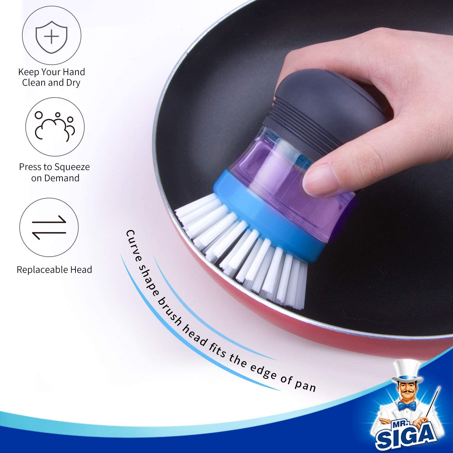 MR.SIGA Soap Dispensing Palm Brush Storage Set, 1 Pack, Navy/Blue | Dish Brush w
