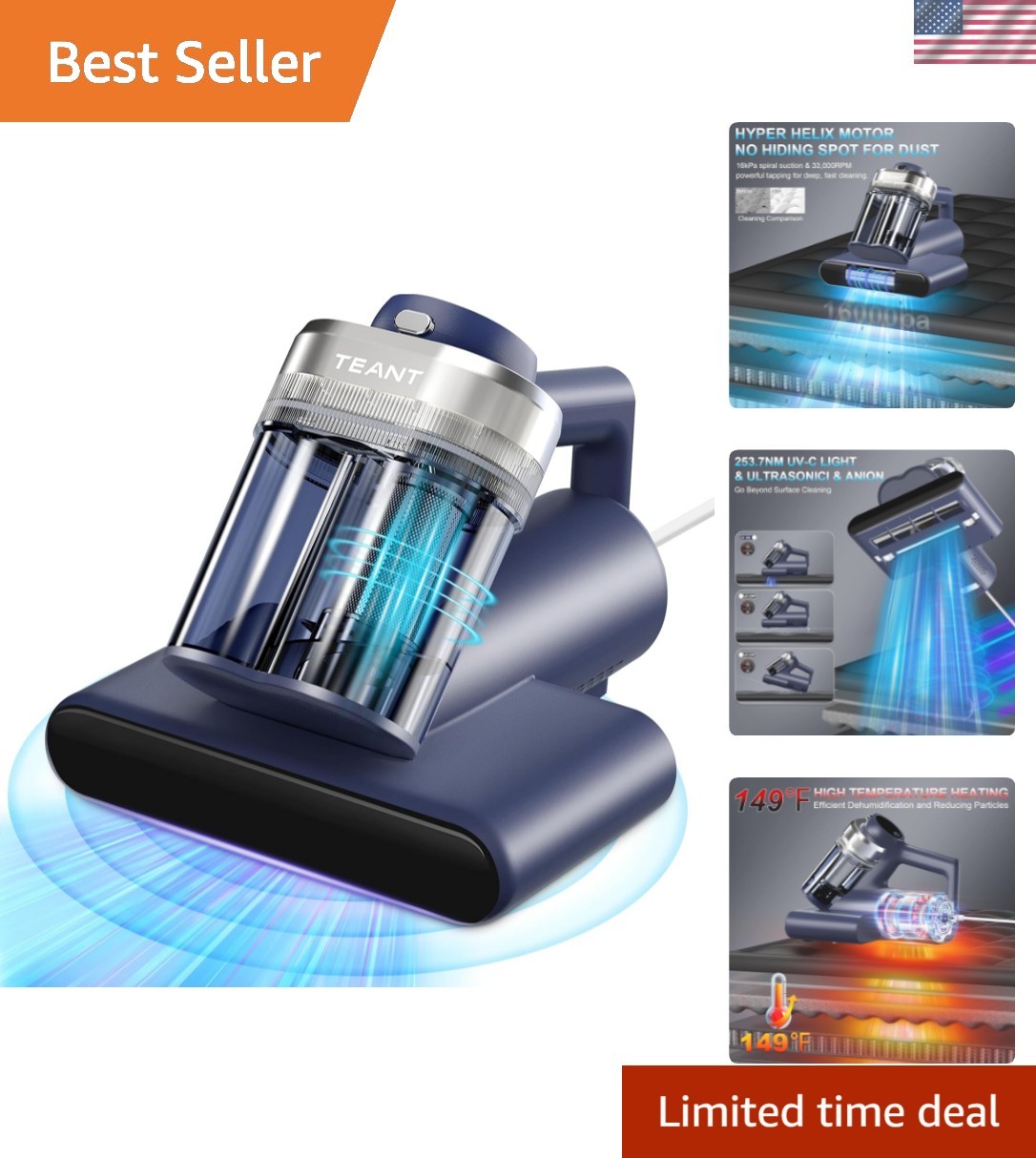 Mattress Vacuum Bed Vacuum Cleaner with 253.7nm UV-C Light, Hyper Helix Motor…