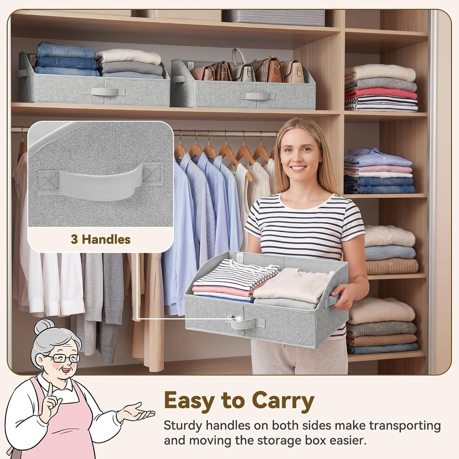 Purse Organizer for Closet, Large, Gray, 3-Pack | Trapezoid Storage Bins, Closet