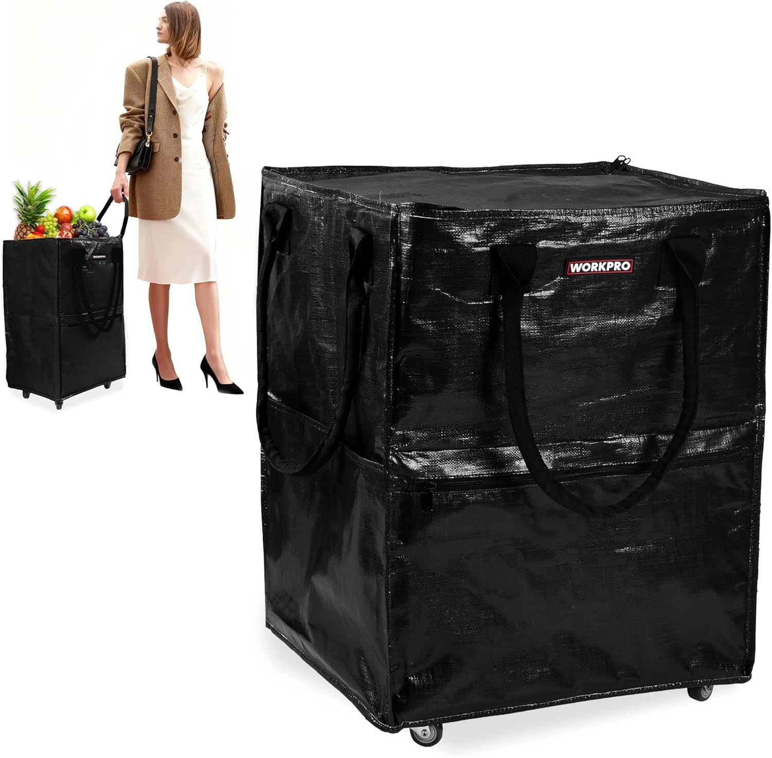WORKPRO Folding Trolley Reusable Grocery Bag Heavy Duty Roll Wheels Shopping Bag