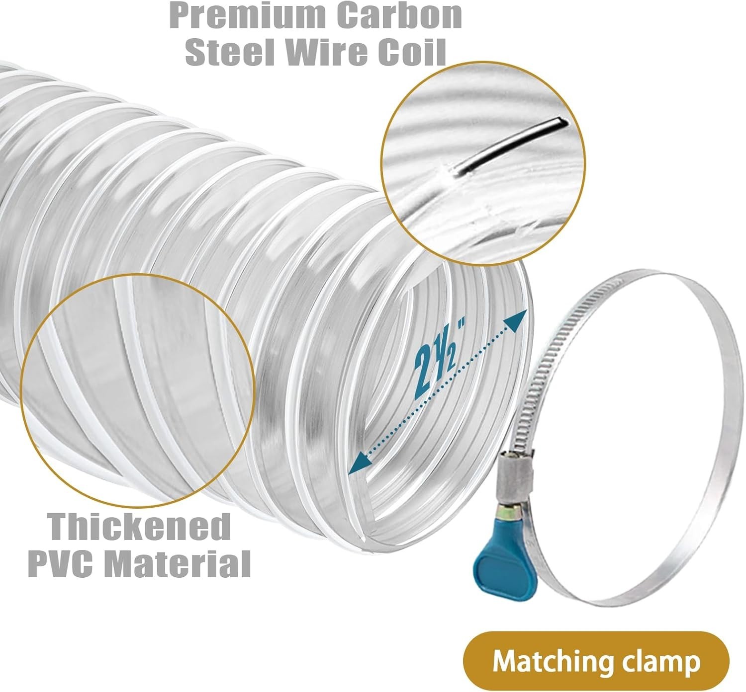2 1/2″ x 20′ Flexible Clear PVC Dust Collection Hose – Puncture Resistant with C