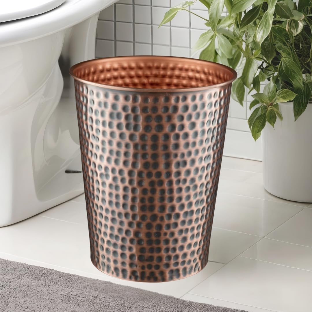 Hand Hammered Antique Copper Metal Small Bathroom Trash Can Wastebasket Bin