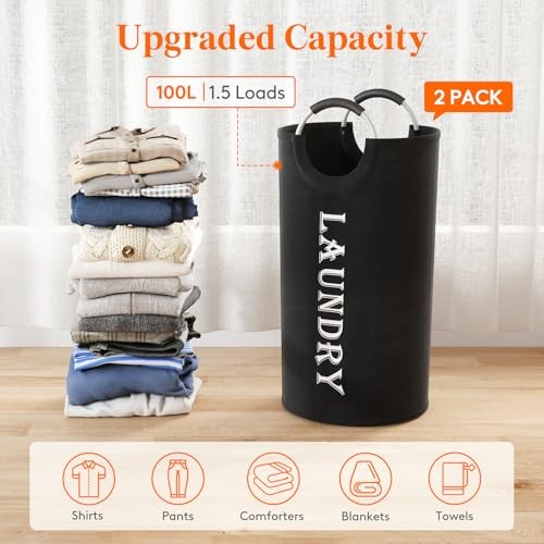 2 Pack 100L Collapsible Laundry Basket, Black Waterproof Oxford Cloth Hamper