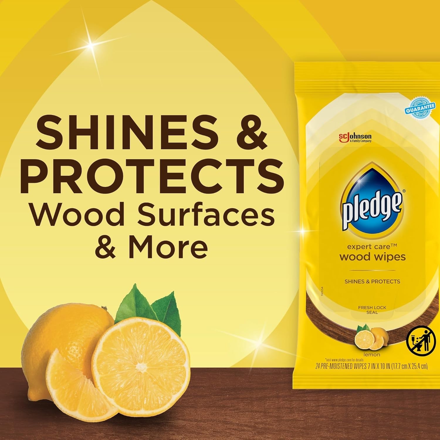 Pledge Expert Care Enhancing Wood Wipes, Lemon Scent, 24 Count