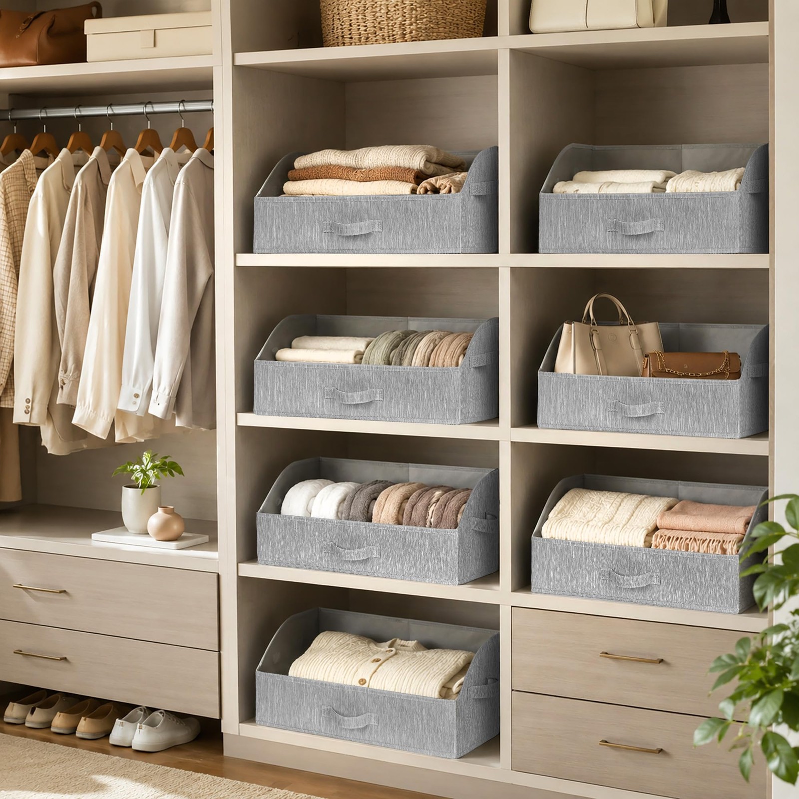 Trapezoid Storage Bins Closet Organizers Fabric Bins Handles Light Gray
