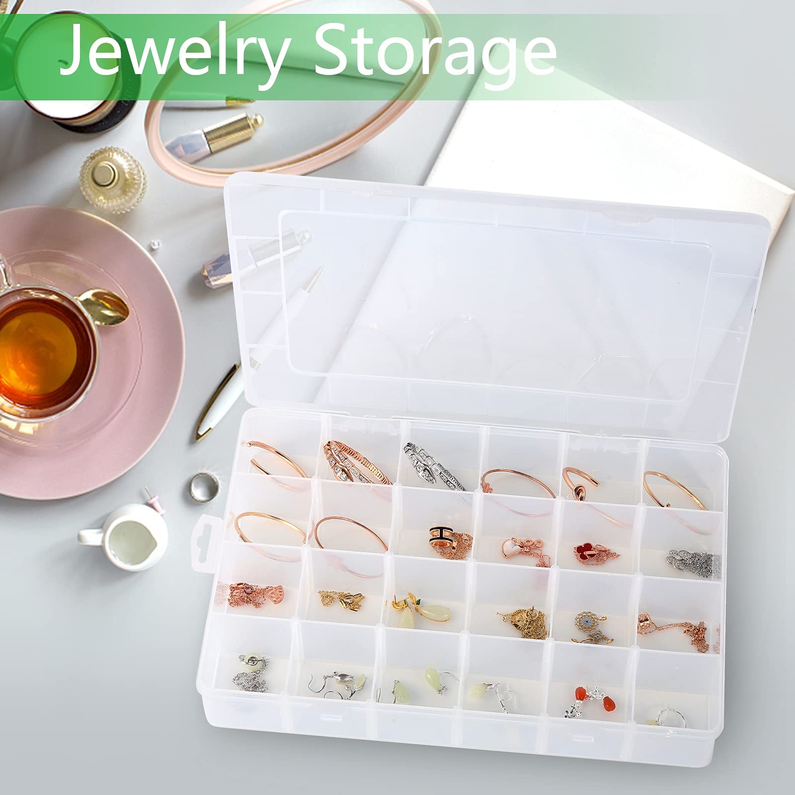 Gbivbe Large 24 Grids Plastic Organizer Box 14×9.3×2.4 inches, Clear-1