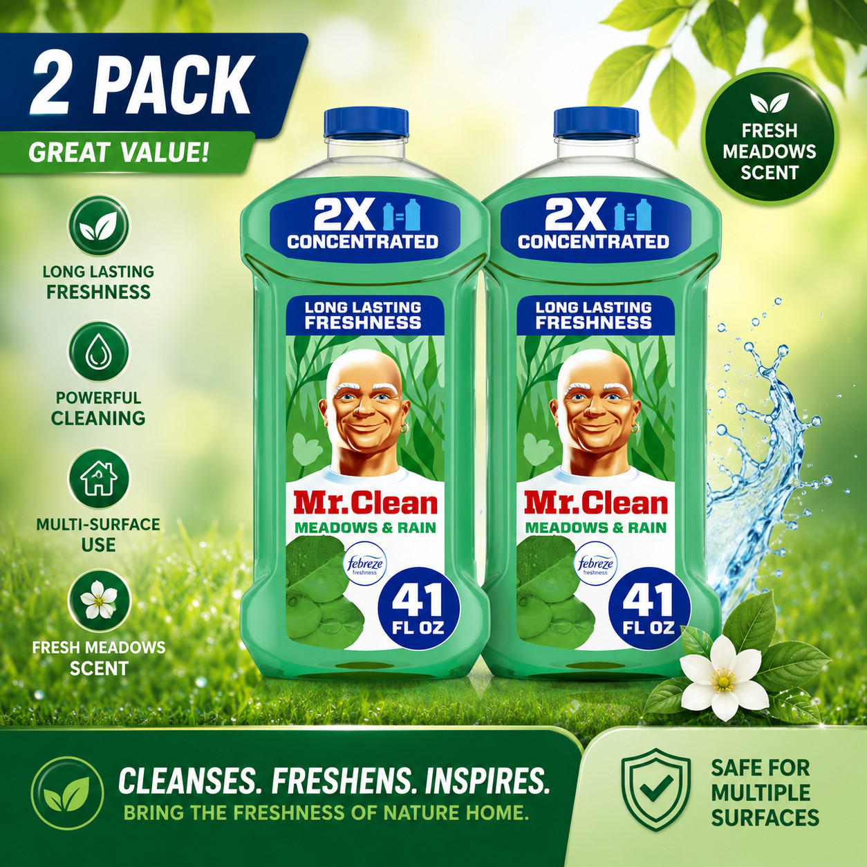 Mr. Clean 2X Concentrated Multi Surface Cleaner with Febreze Meadows & Rain Scen