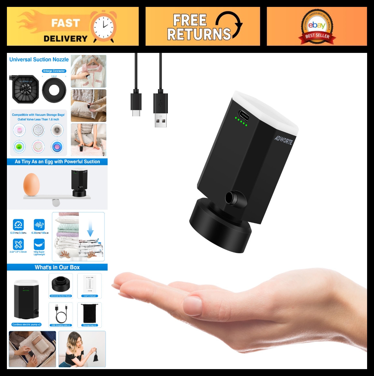 Portable Cordless Electric Pump for Vacuum Storage Bags – Rechargeable Air Pump