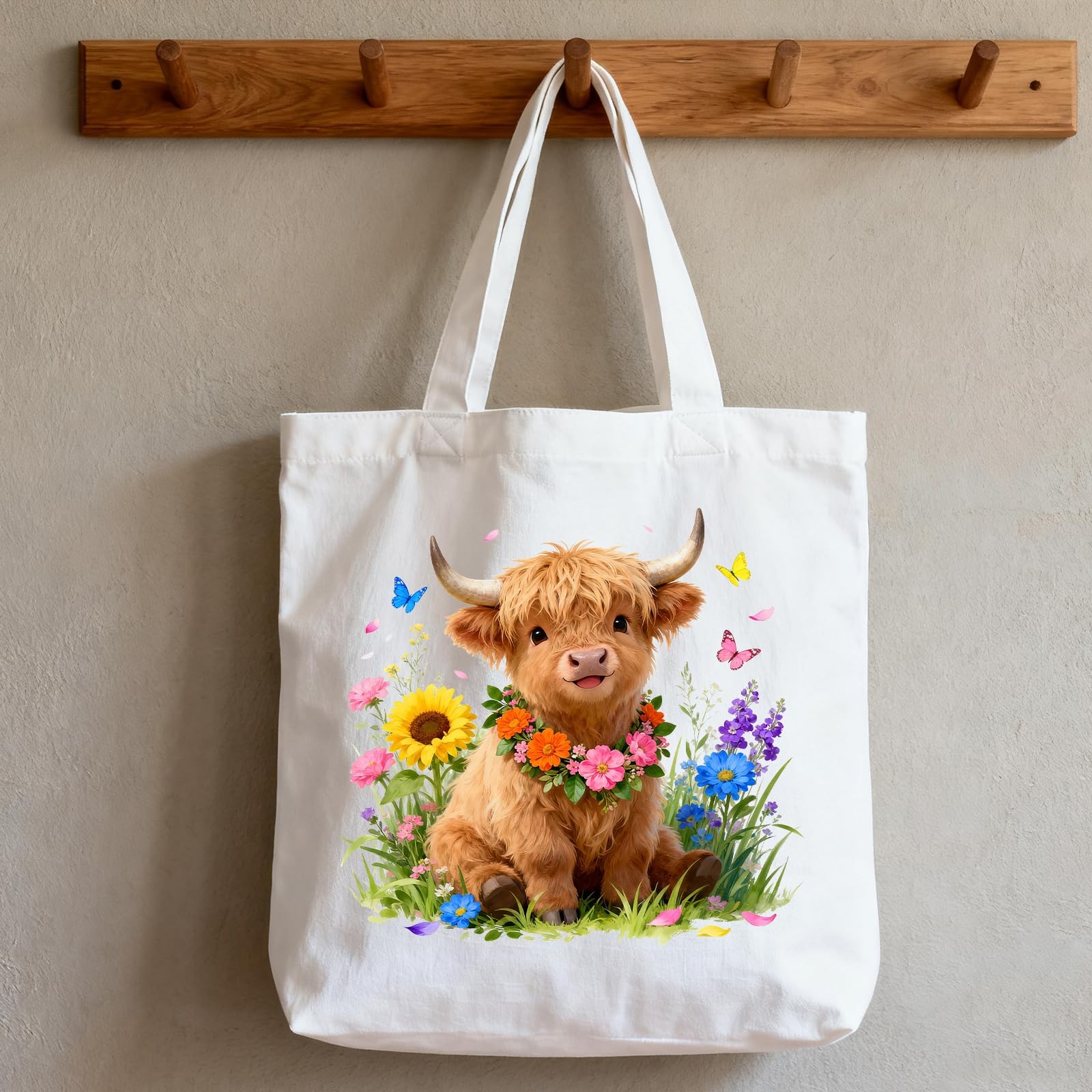 Reusable Durable Floral Highland Cow Canvas Tote Bag, Zippered Shoulder Women’s