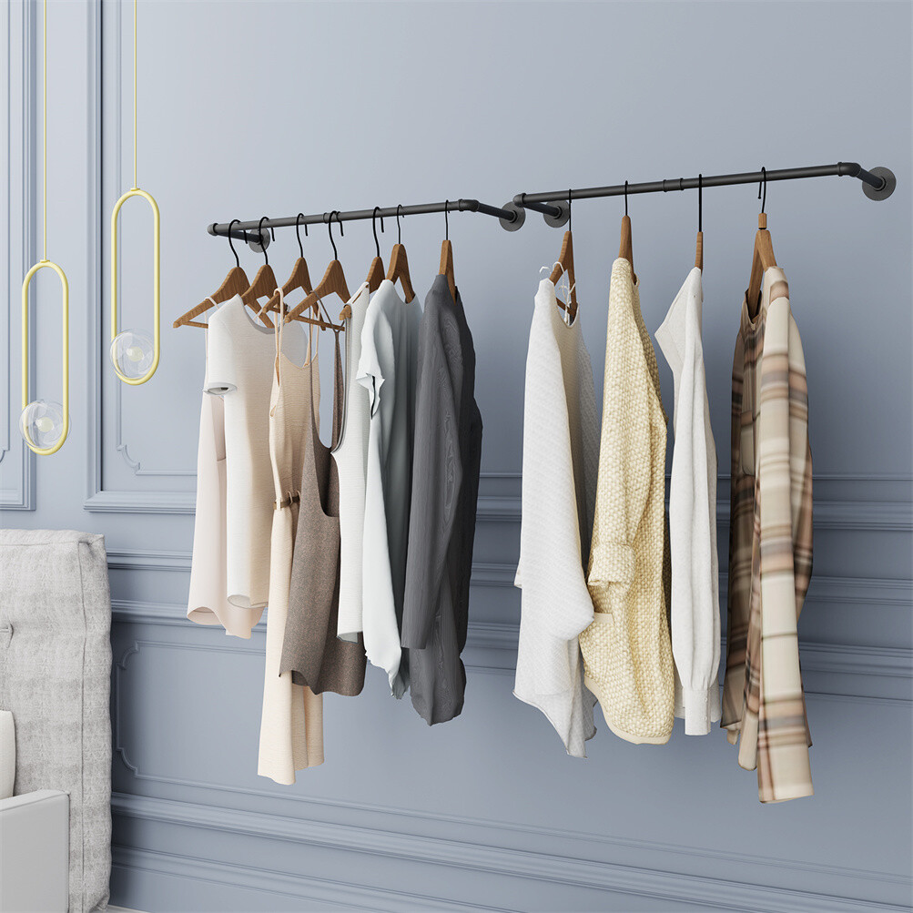 2X Wall Mounted Clothes Rack Industrial Pipe Clothes Hanging Bar Space Saving