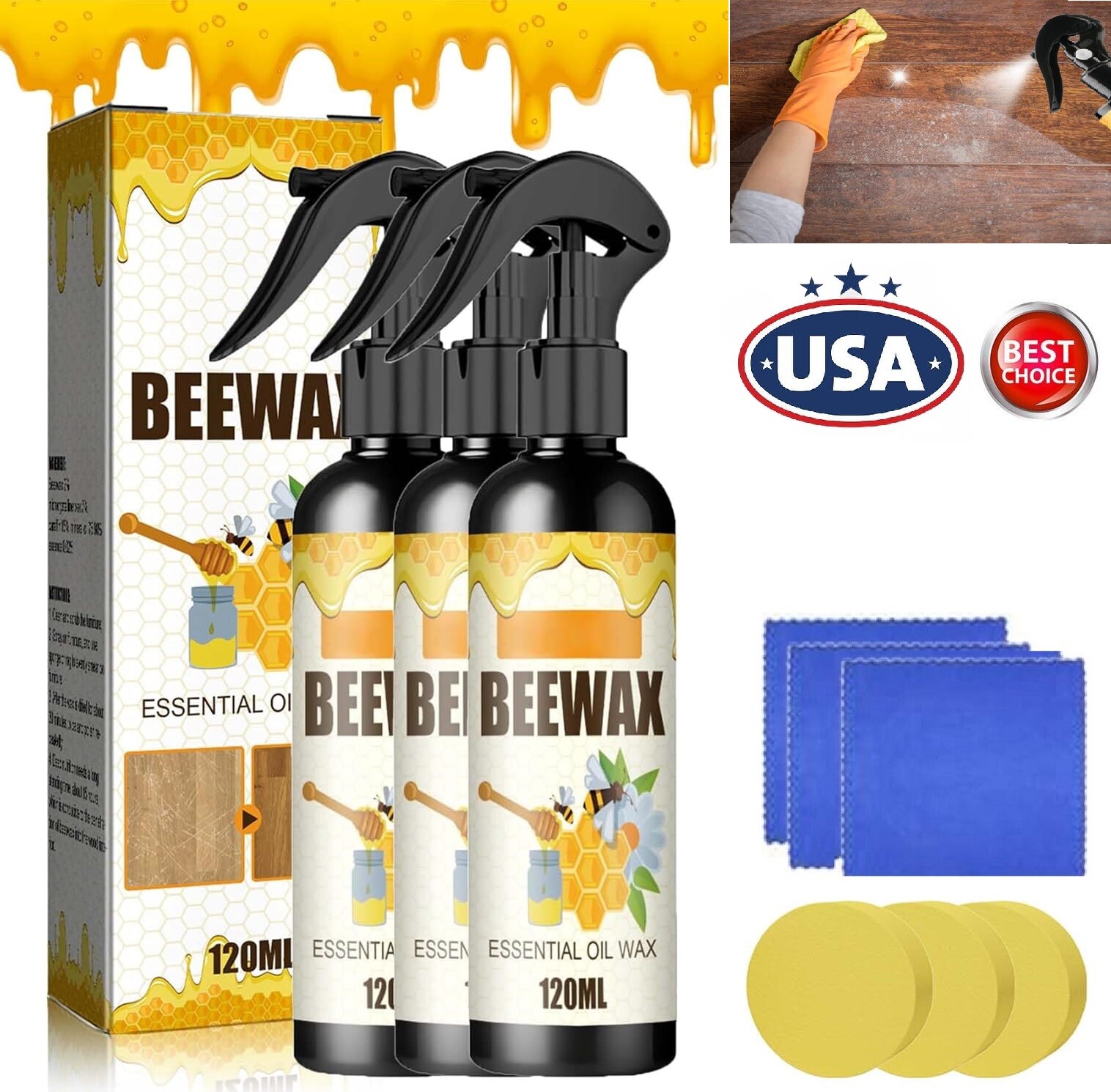 3× Natural Bee Wax Furniture Polish Spray Micro-Molecularized Beeswax w/ Tool US