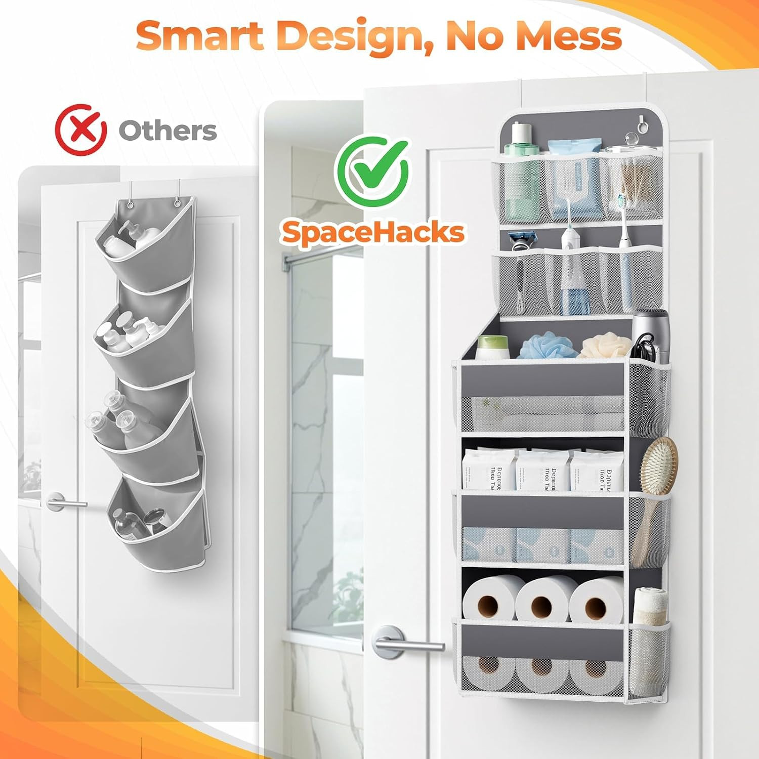 5-Tier over the Door Organizer with Mesh Pockets, Dark Grey | 6 Mesh Pockets, 3