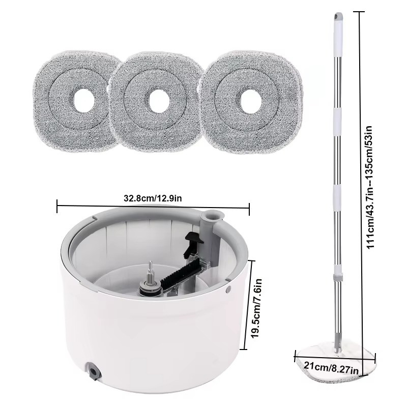 Round Flat Spin Mop Bucket Set Self Wringing Floor Cleaning System with 3 Pads