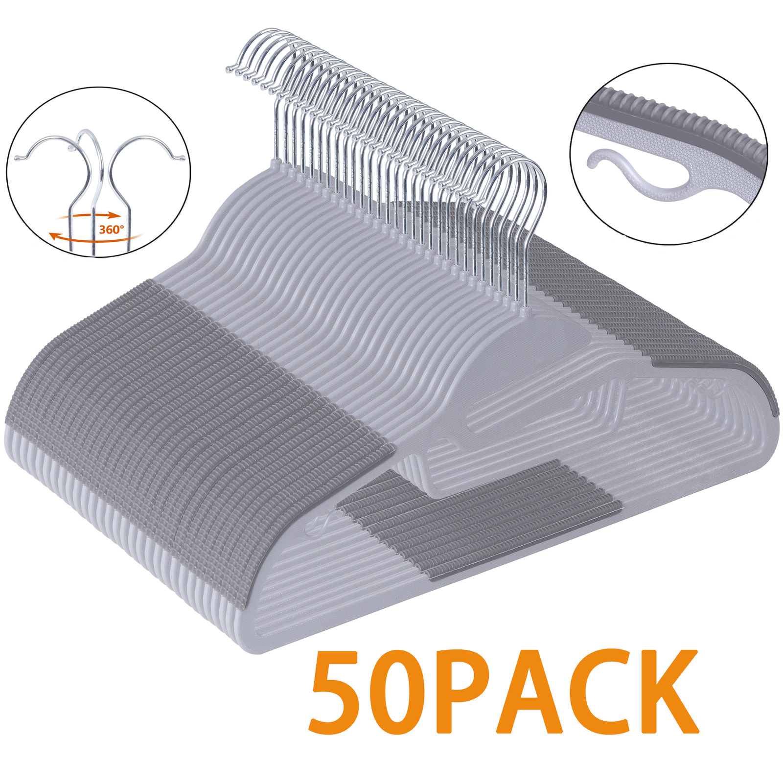 50 Pack Slim Plastic Hangers Non Slip for Clothes Heavy Duty 360° Swivel Hook