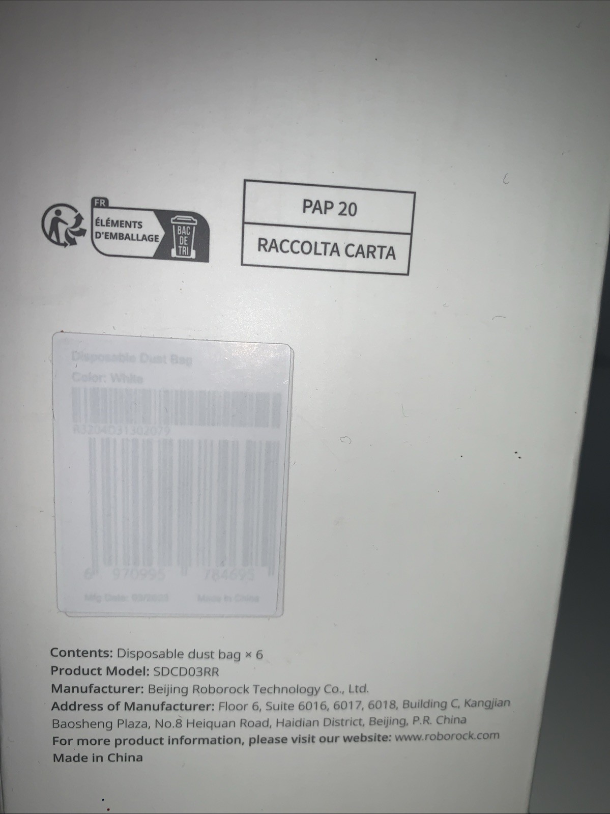 Roborock Disposable Dust Bag Replacement Model: SDCD03RR 6 Replacement Bags New